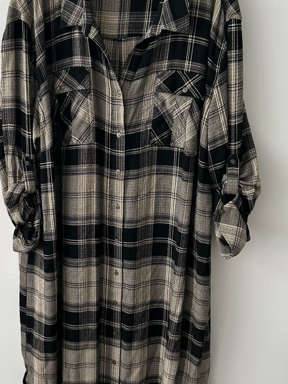 Plaid Button-Front women’s Shirt dress- Black & Cream